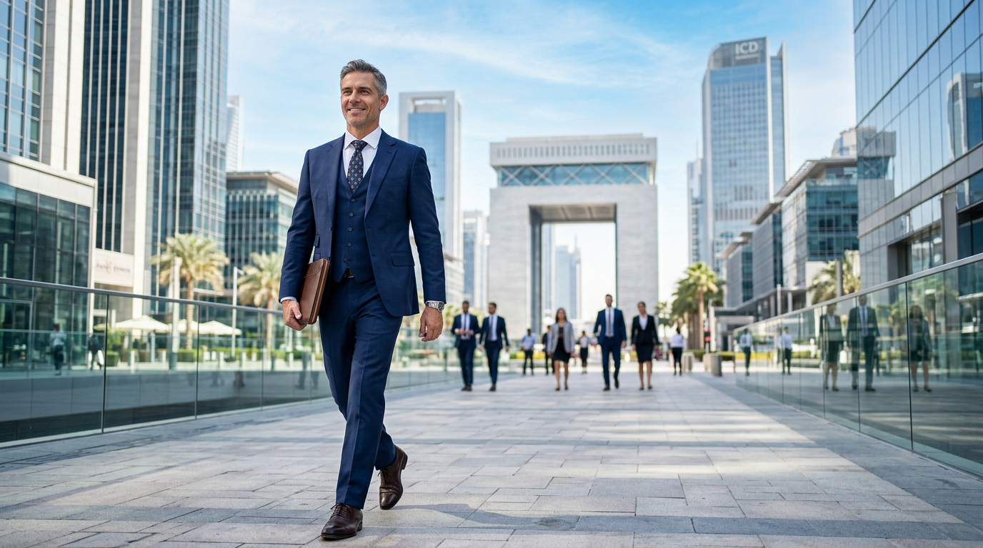 Senior professional confidently walking in Dubai International Financial Centre