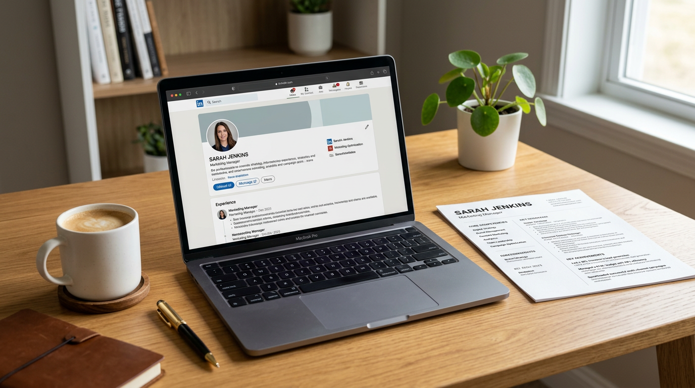Close up of a modern resume and a laptop showing LinkedIn
