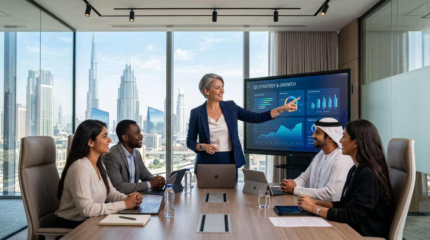 Senior professional mentoring a younger diverse team in a Dubai office