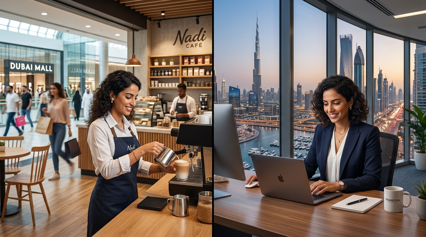 A split-screen conceptual image showing a bustling Dubai retail environment on one side and a modern corporate office desk on the other.