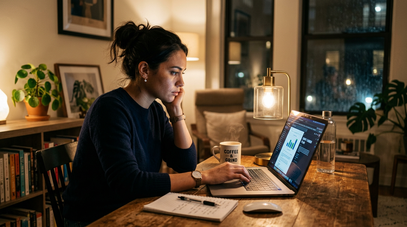 Tired expat working on a laptop late at night.
