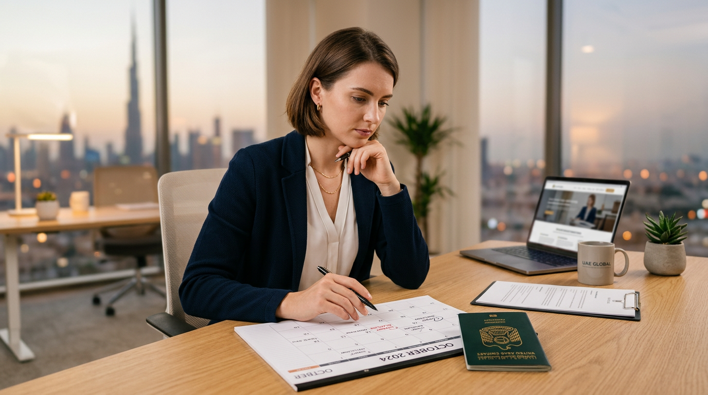 Professional looking thoughtfully at a calendar and a UAE passport on a desk