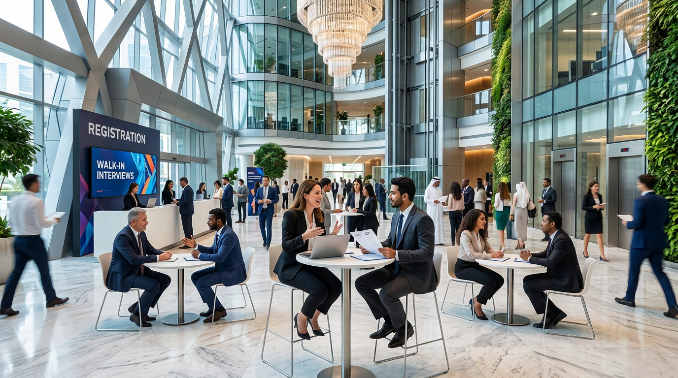 Bustling Dubai office lobby with professionals having walk-in interviews