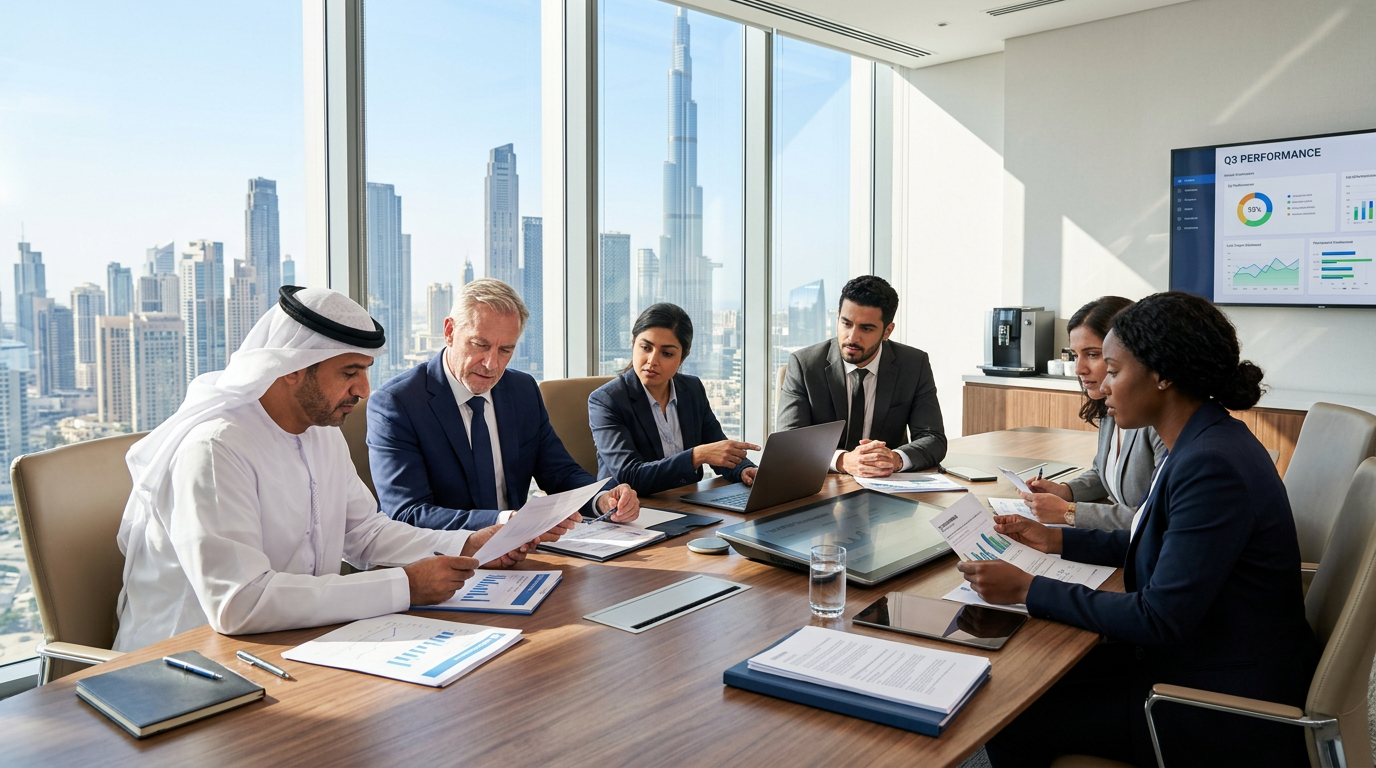 Dubai corporate executives reviewing documents after Eid