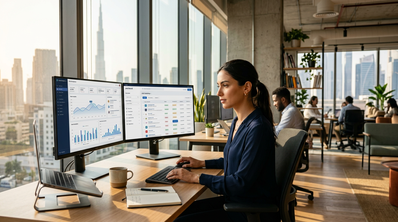 Tech professional analyzing job market data on multiple screens