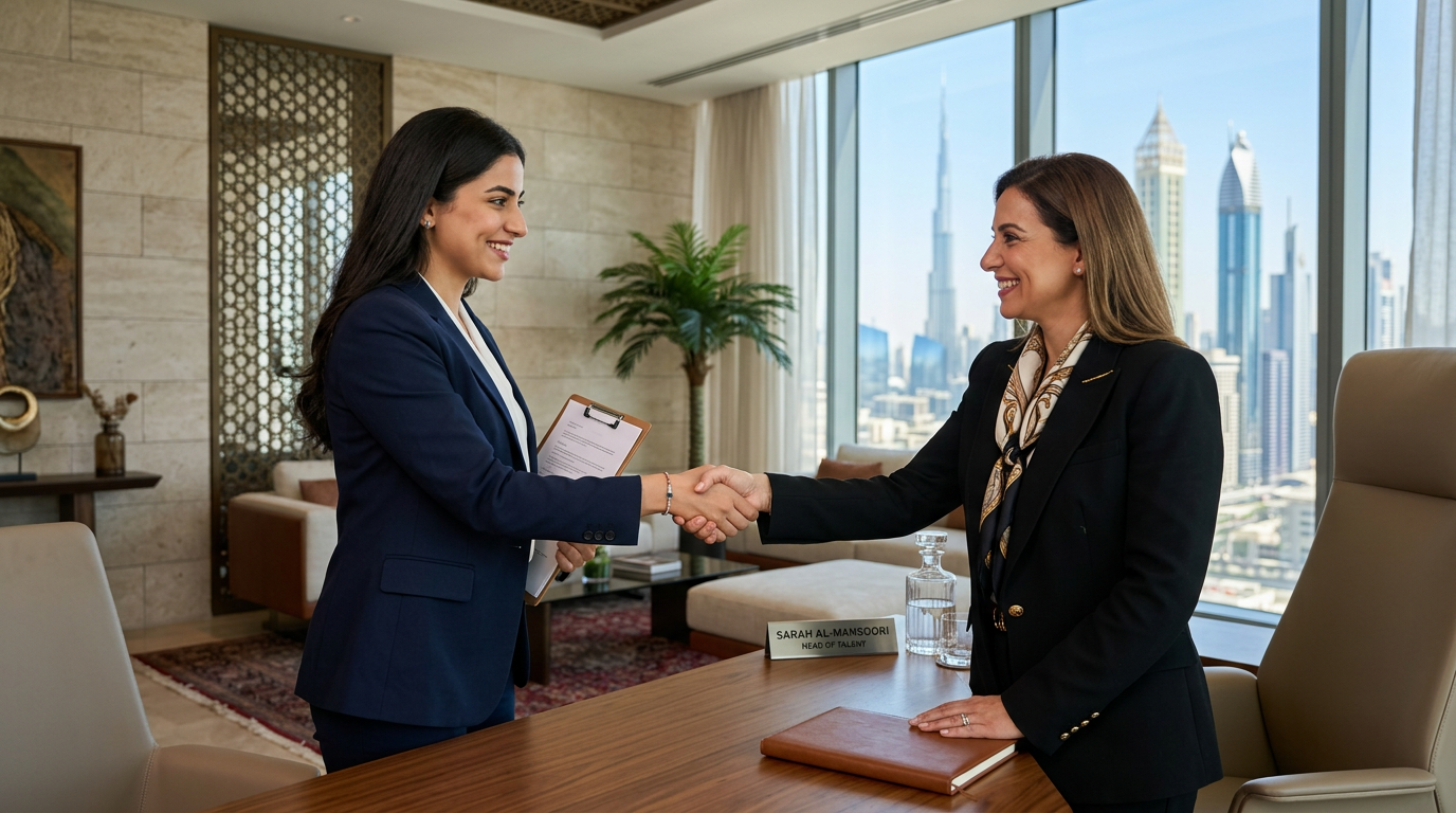 Candidate shaking hands with a hiring manager in a Dubai office