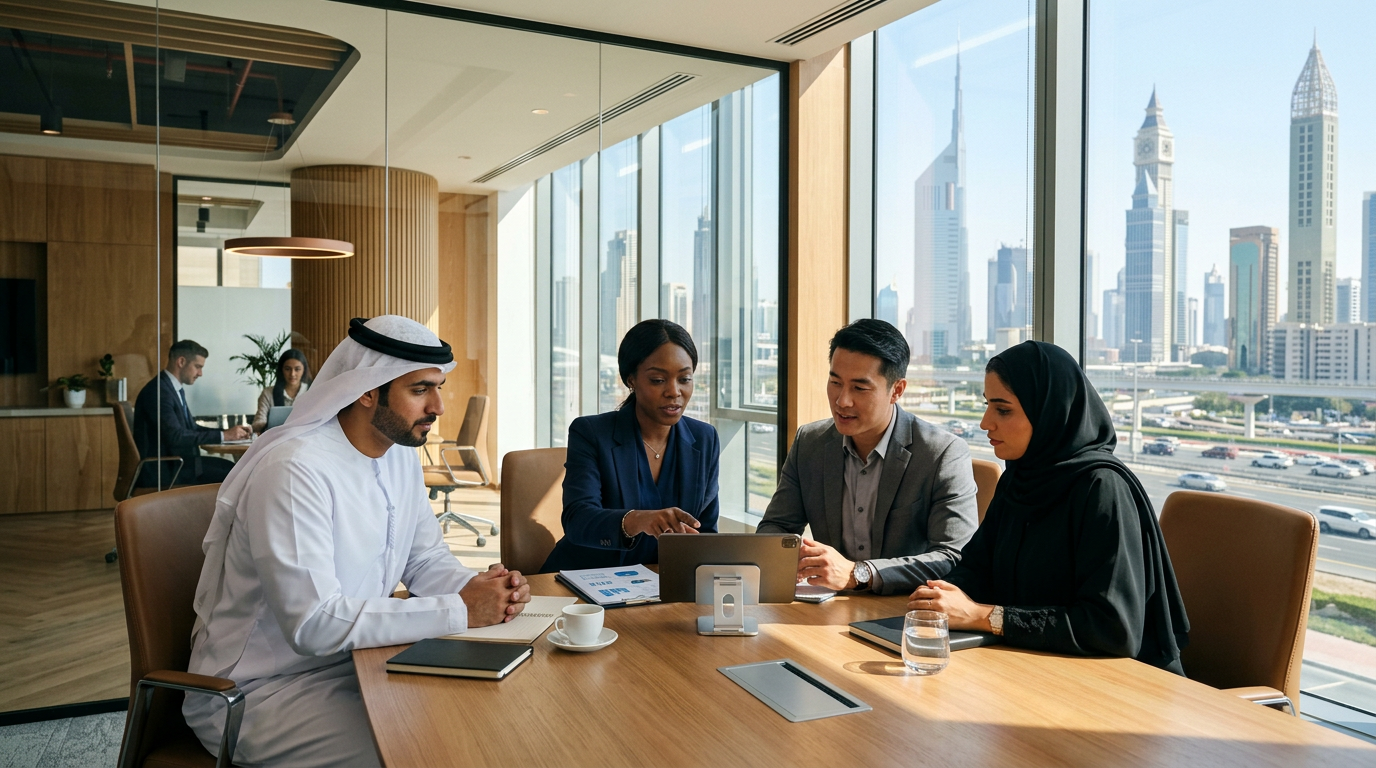 Modern Dubai corporate office with a diverse team of professionals in a meeting