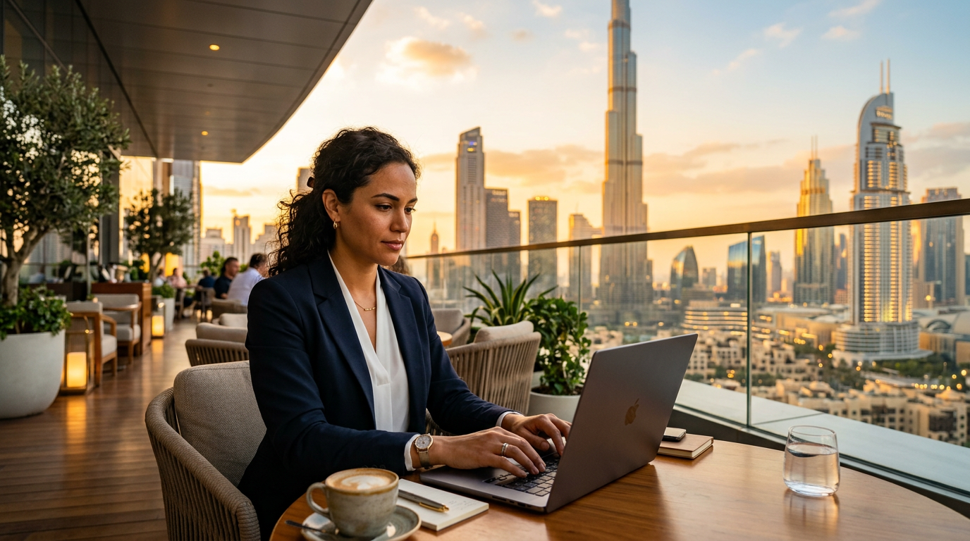 Expat professional working remotely with Dubai skyline in the background