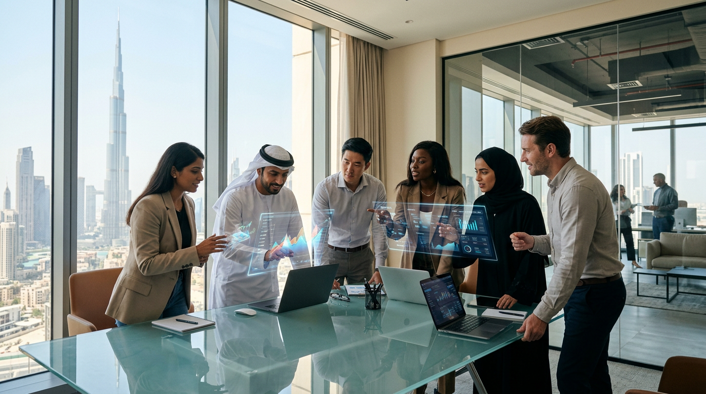 Modern Dubai office with professionals collaborating on AI projects