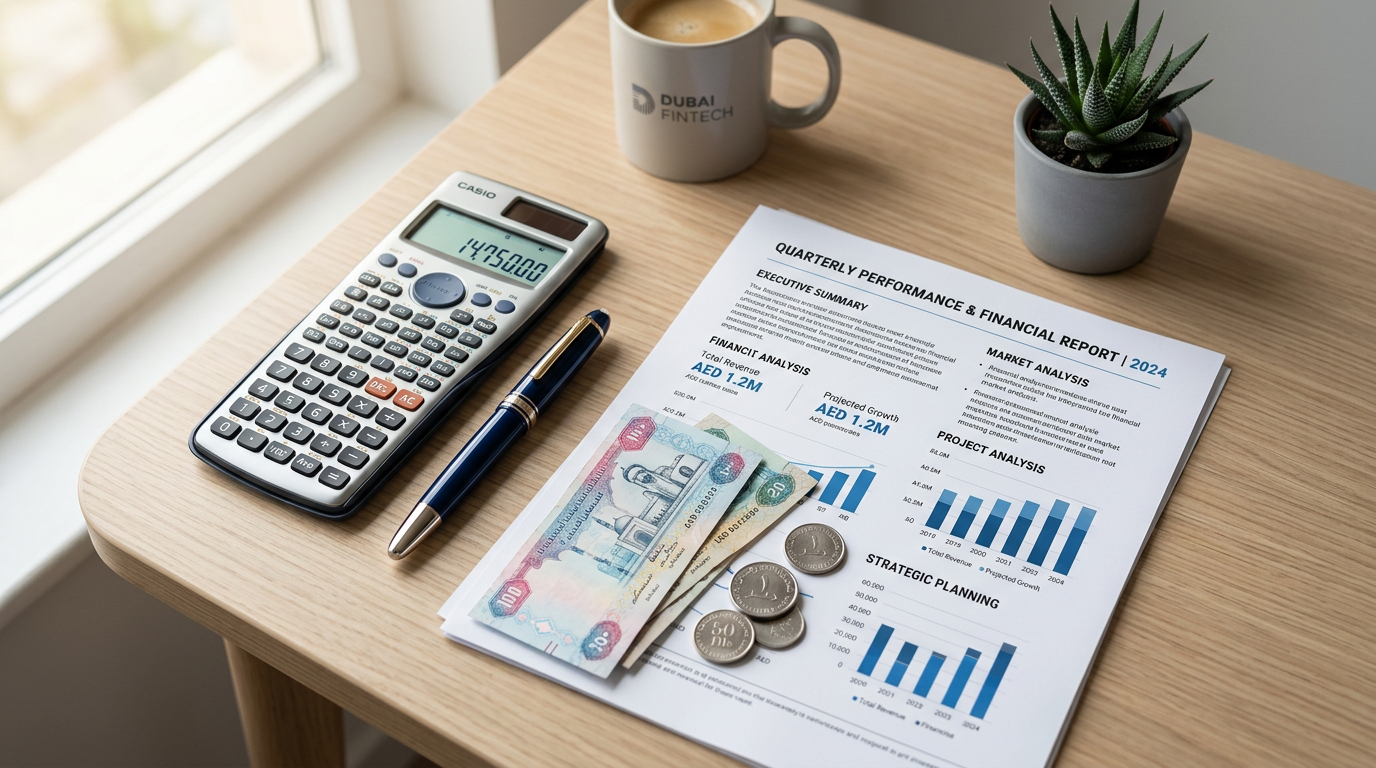 Calculator, pen, and UAE dirhams representing financial calculation of gratuity.