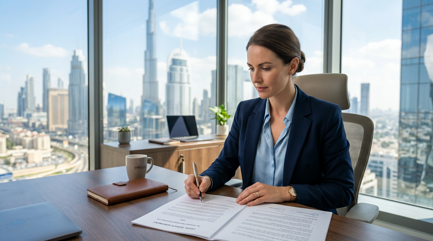 Professional reviewing a legal contract in a Dubai office.