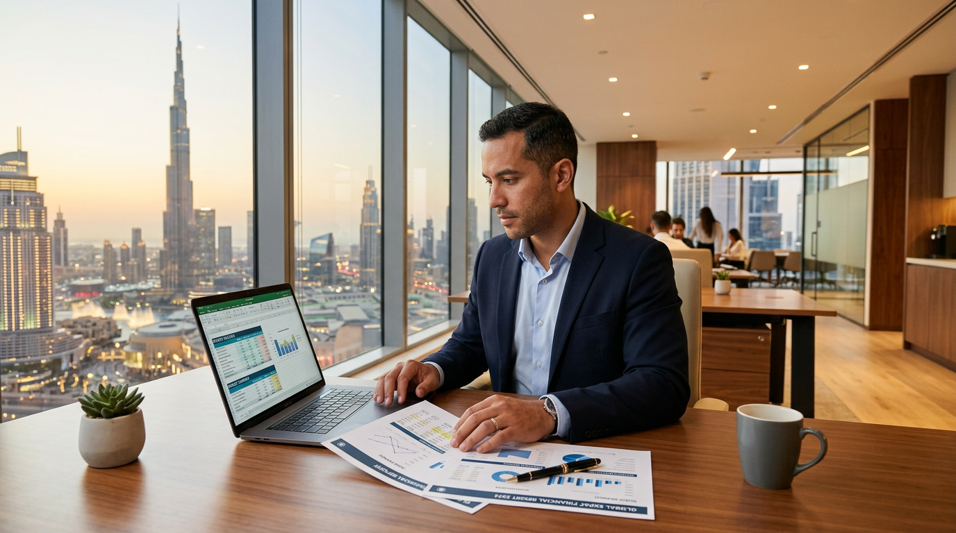 Expat professional calculating finances in a Dubai office