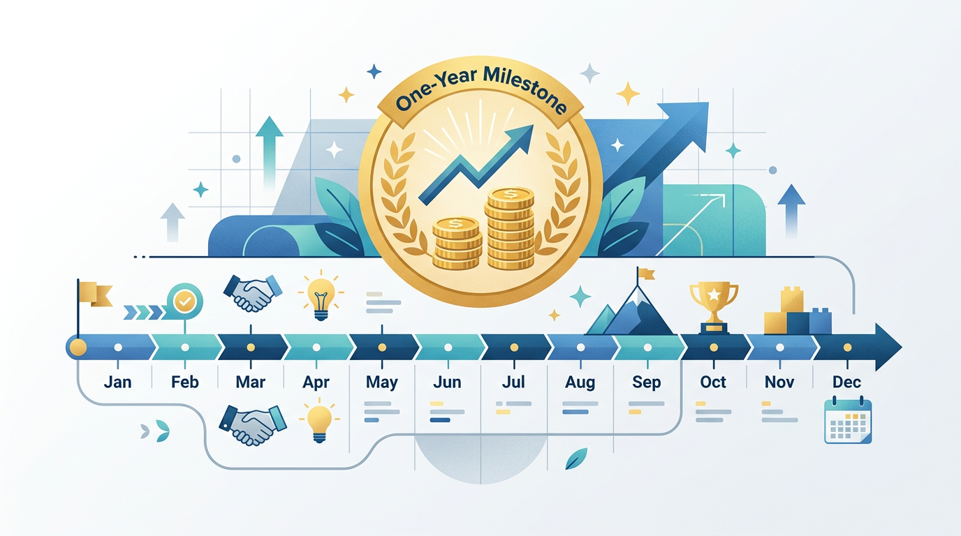 Timeline graphic showing the one-year minimum threshold for UAE gratuity