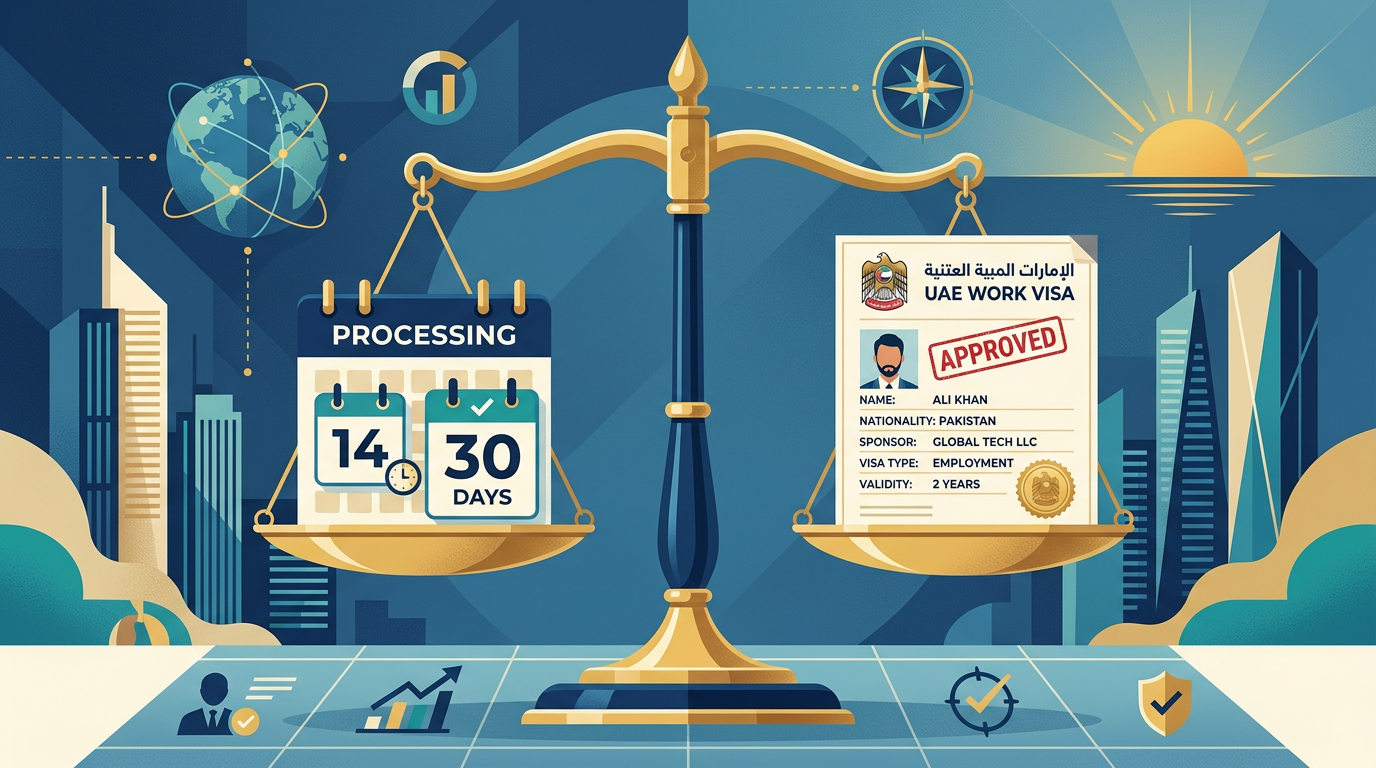 Illustration of a UAE visa document and a calendar showing 14 and 30 day notice periods