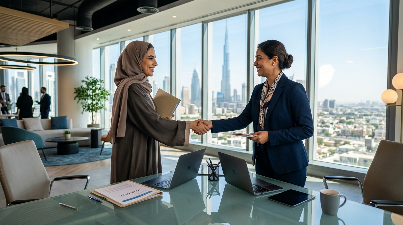 Two professionals shaking hands in a bright Dubai office after a successful handover