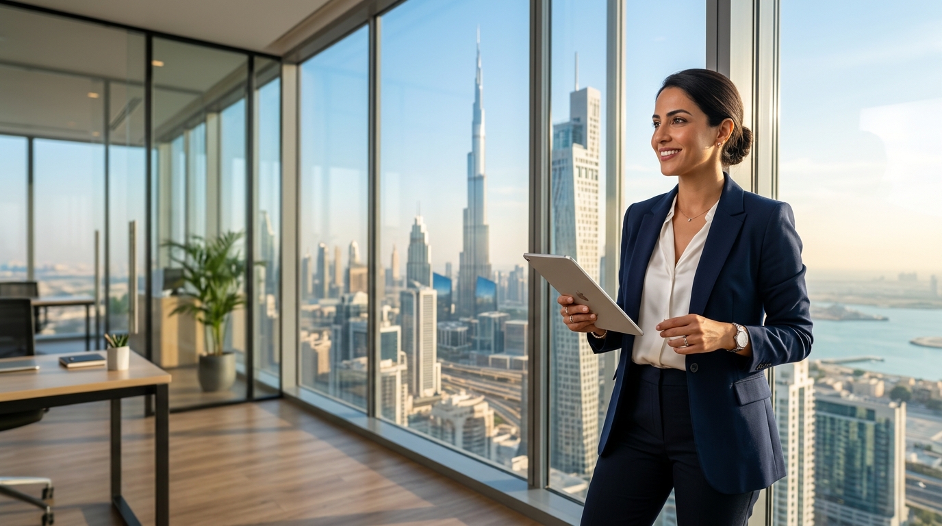 Professional holding a document in a modern Dubai office building