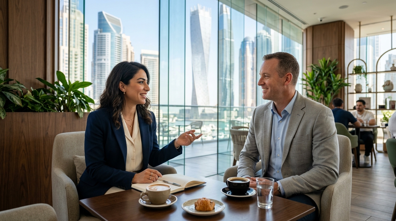 Two professionals having a discussion in a Dubai cafe