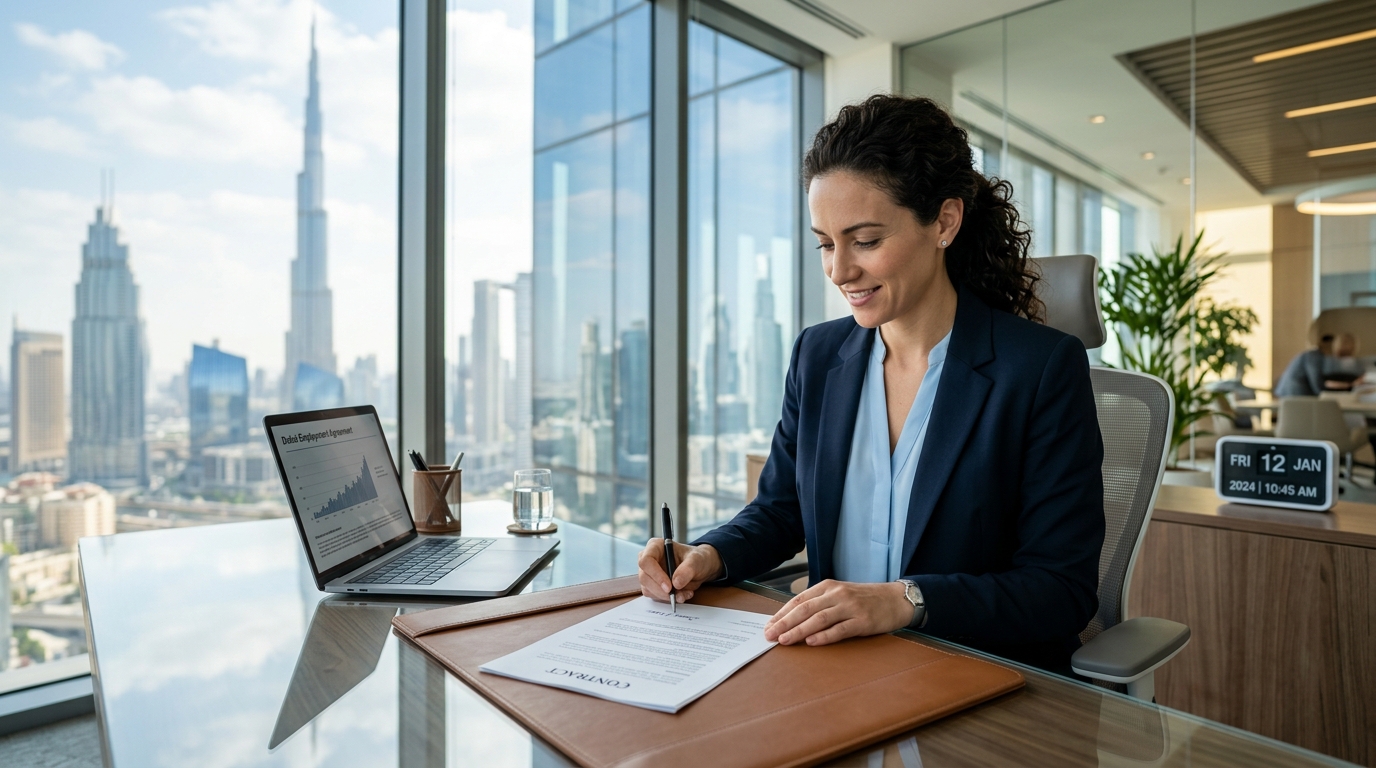 Professional signing final settlement documents in a Dubai office