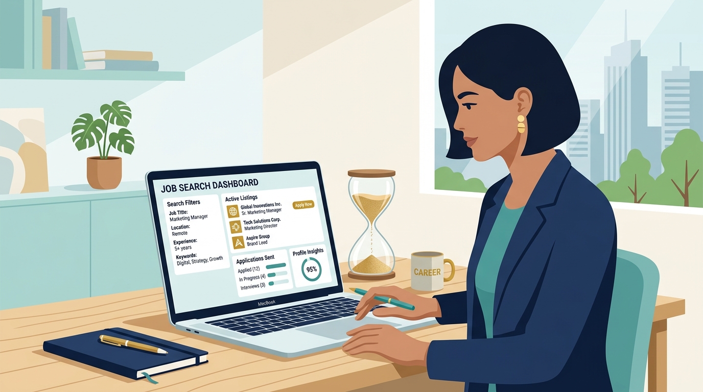 Job seeker looking at opportunities on a laptop with an hourglass nearby