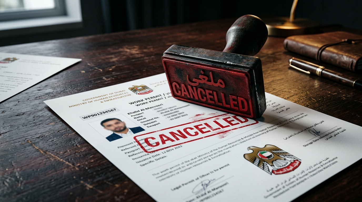 A red 'Cancelled' stamp pressing down on official UAE work permit documents