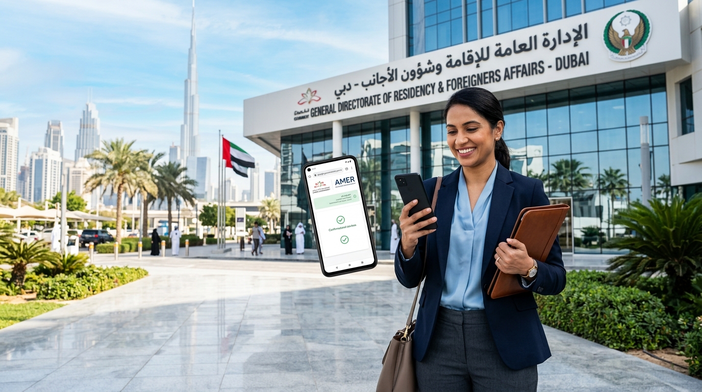 A professional holding a smartphone displaying a legal application outside a Dubai government building