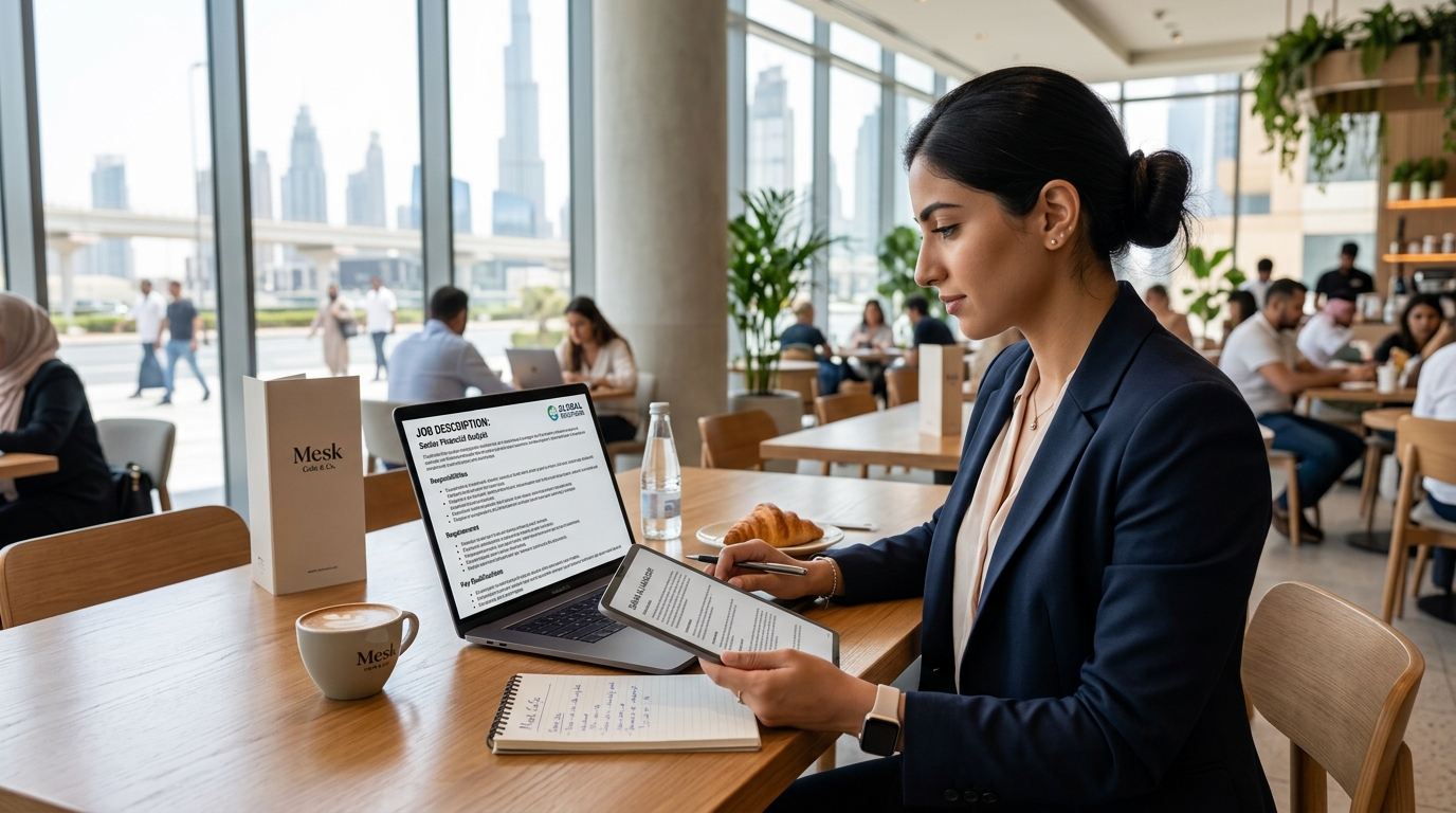Professional analyzing job description on laptop and tablet to optimize resume for ATS in Dubai