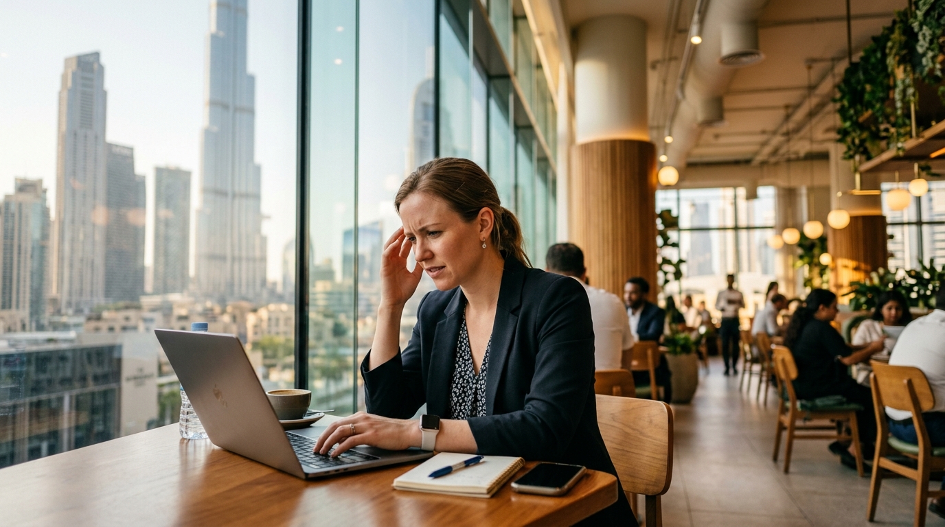 Frustrated expat professional looking at a laptop in a Dubai cafe