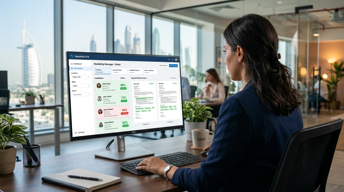 Close-up of a recruiter's monitor showing an ATS dashboard filtering candidate resumes