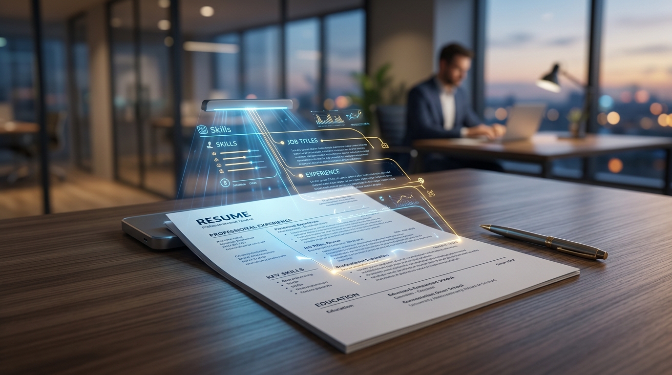 AI holographic interface scanning a modern business resume