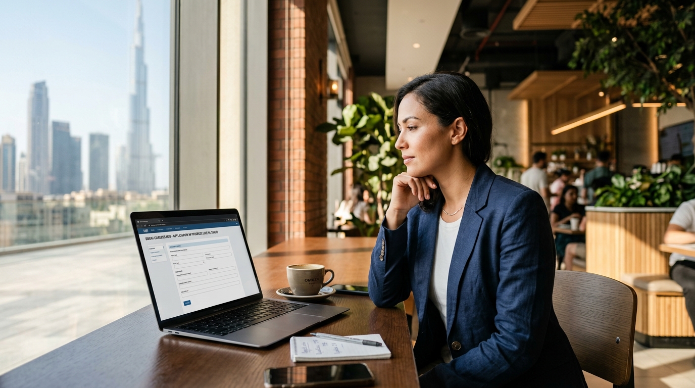 Frustrated job seeker looking at a laptop screen in a modern Dubai cafe