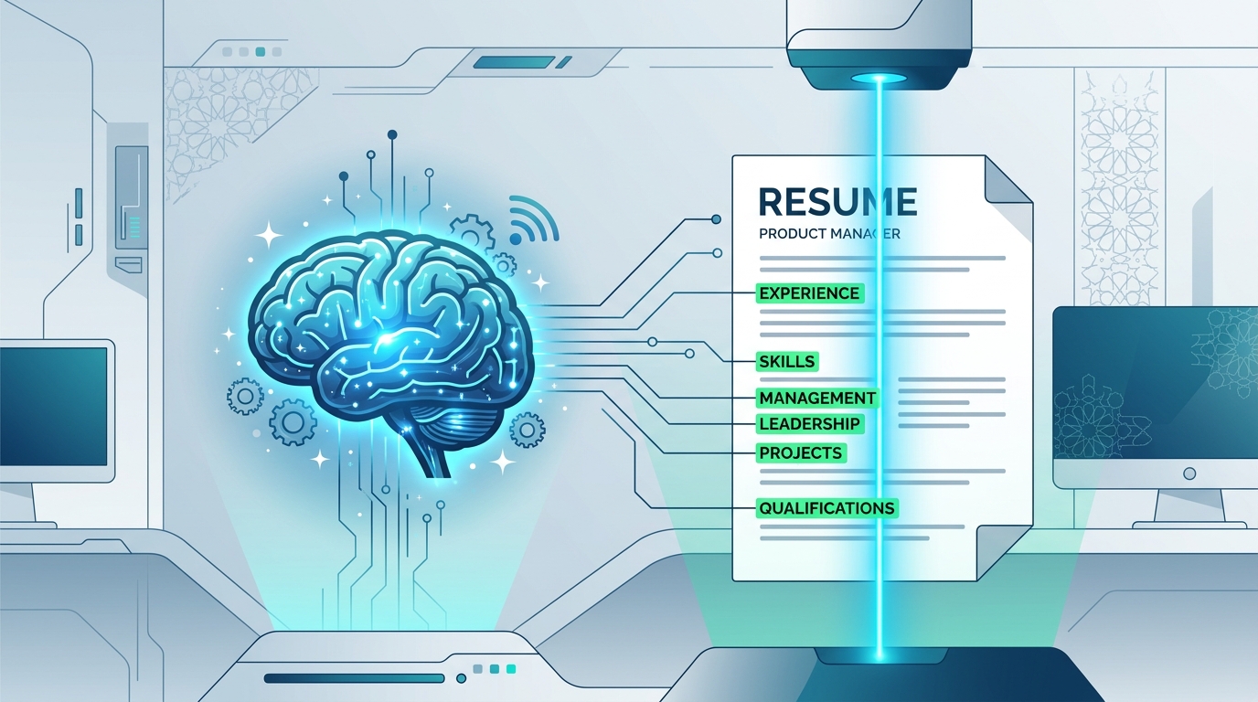 Futuristic abstract representation of AI tailoring a resume for the Dubai job market