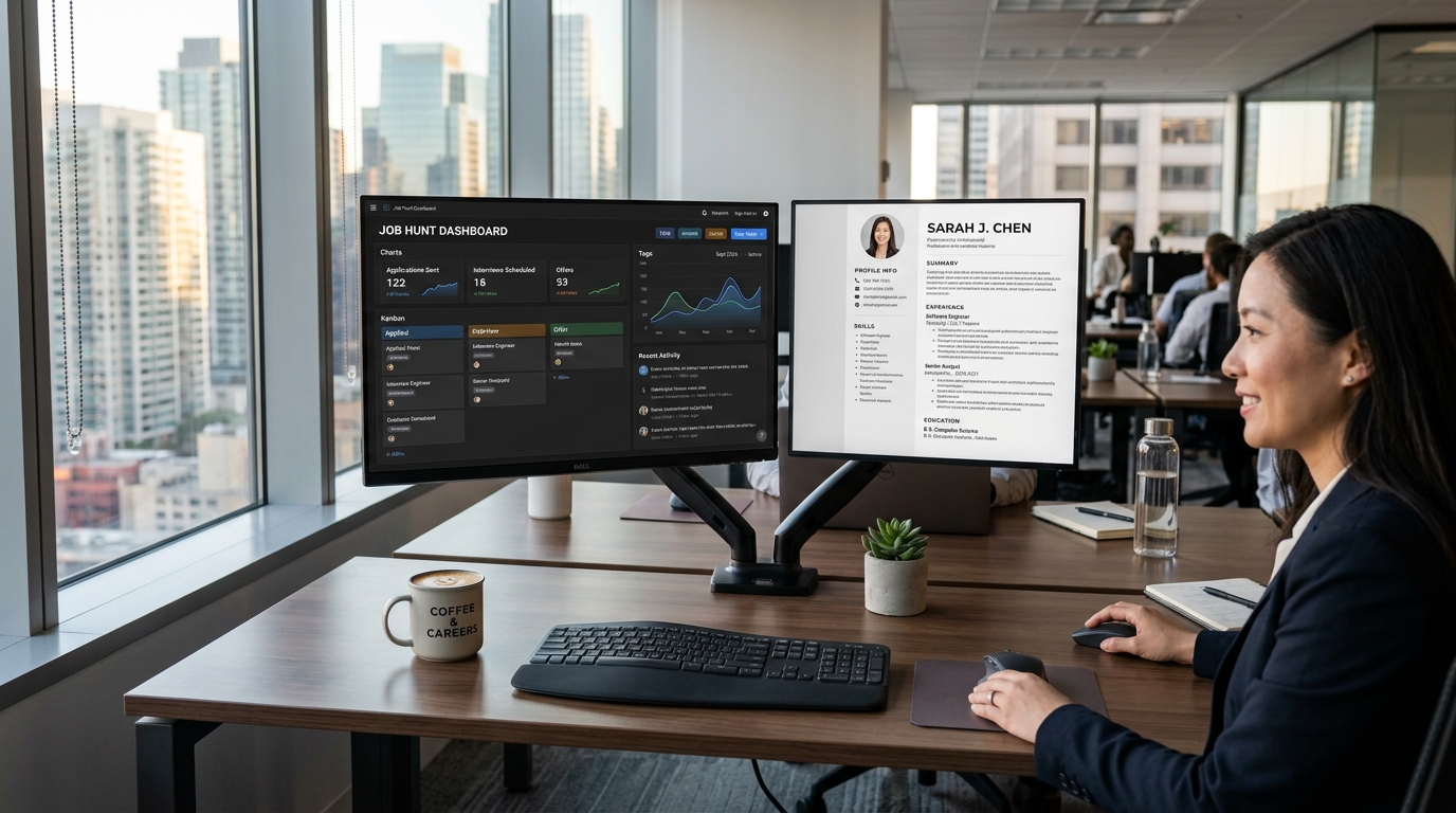 Professional desk setup showing job search automation tools