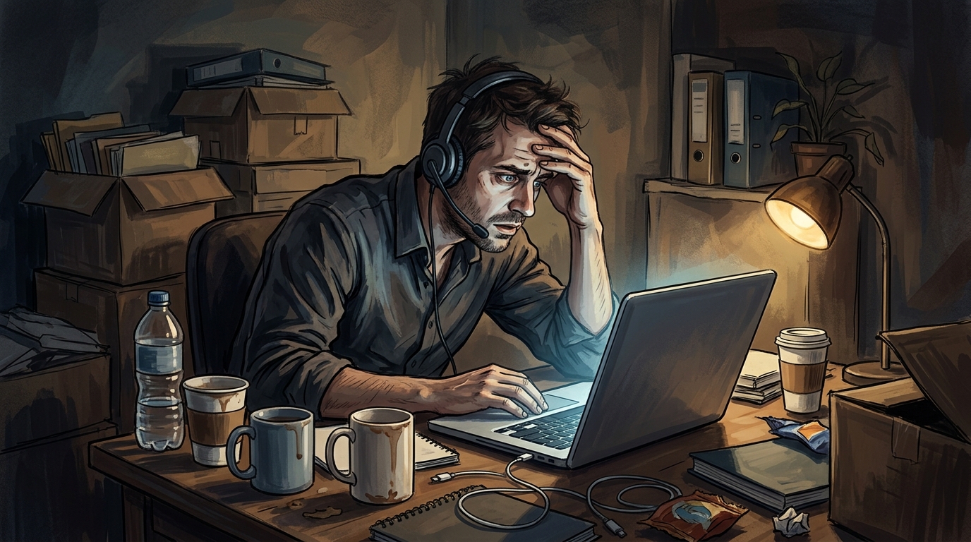 Stressed call center worker looking at a laptop