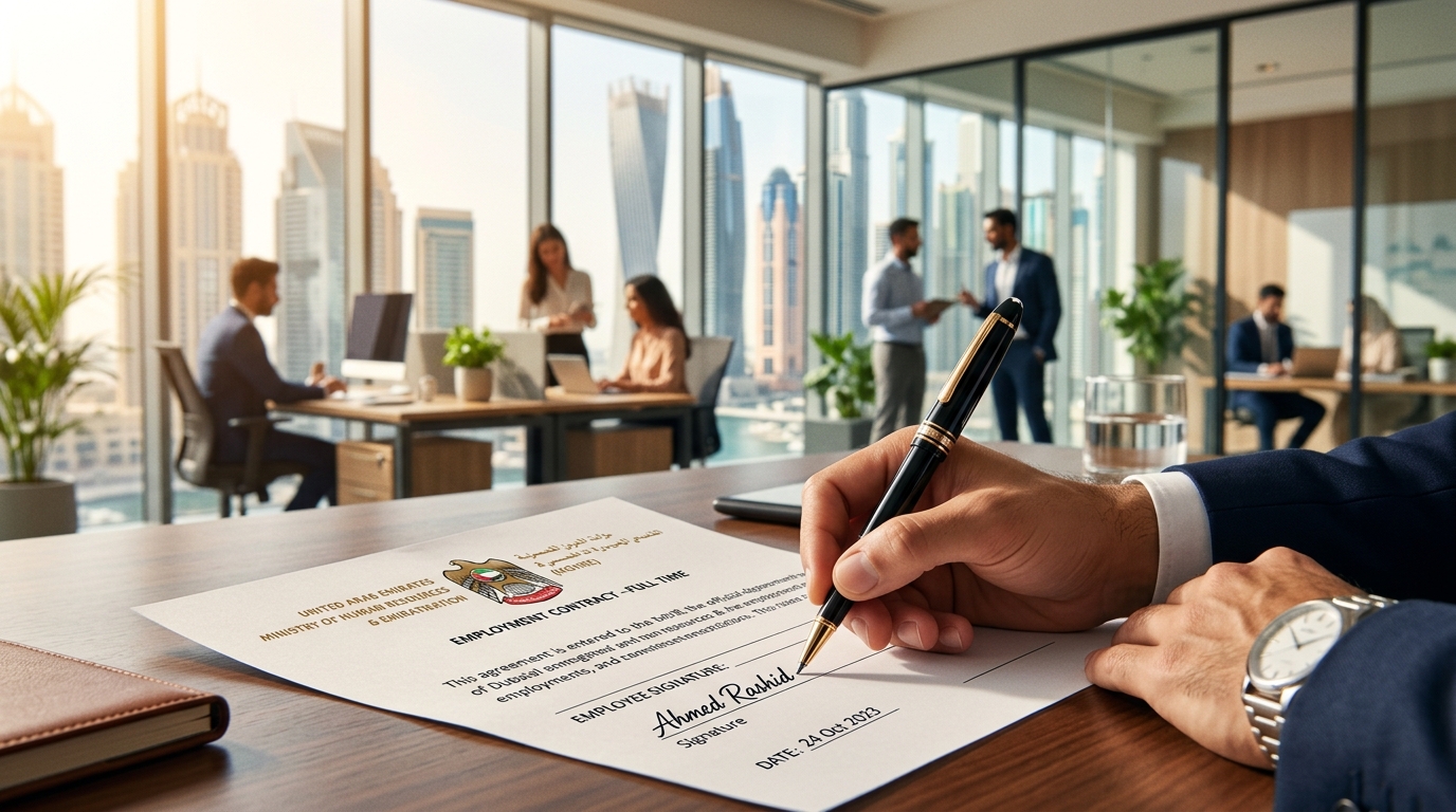 Official UAE MOHRE labor contract being signed