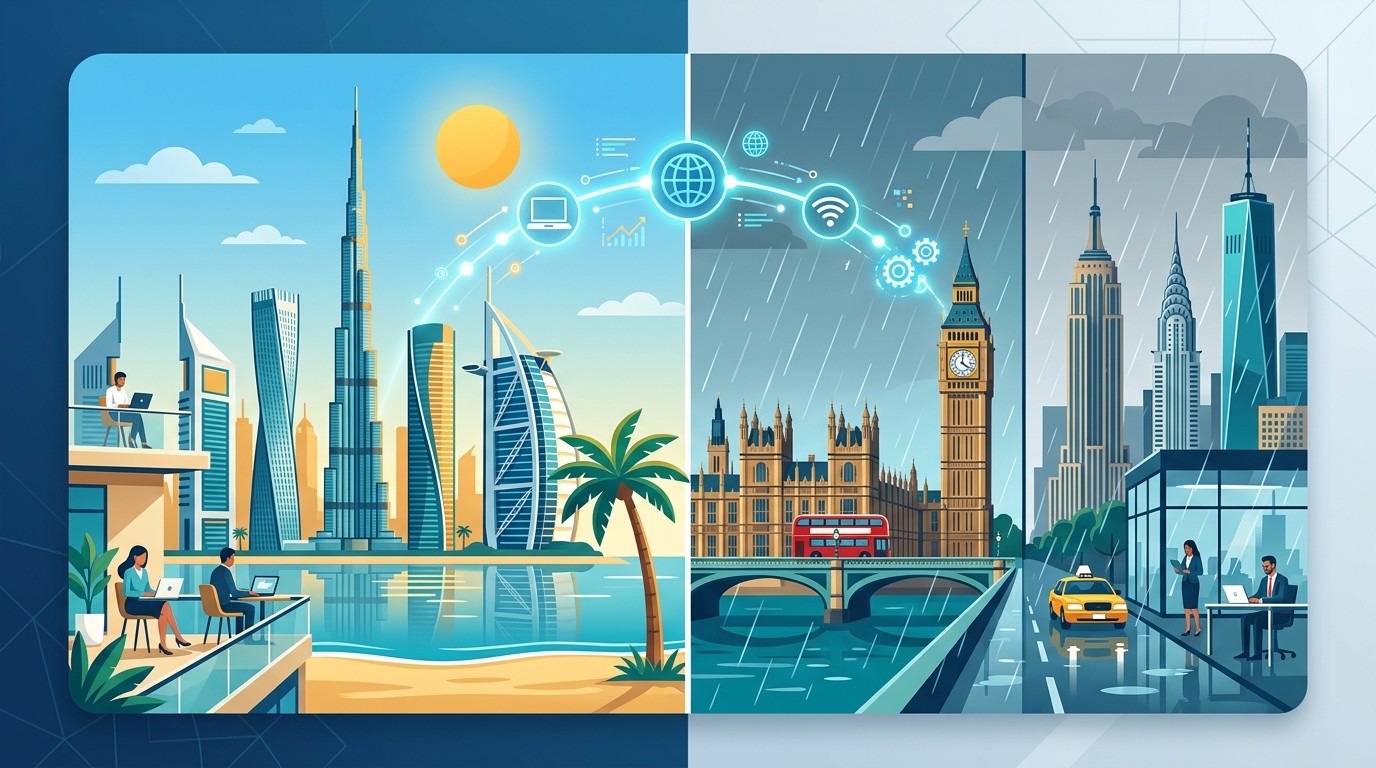 Split screen illustration showing Dubai skyline on one side and a modern global remote setup on the other