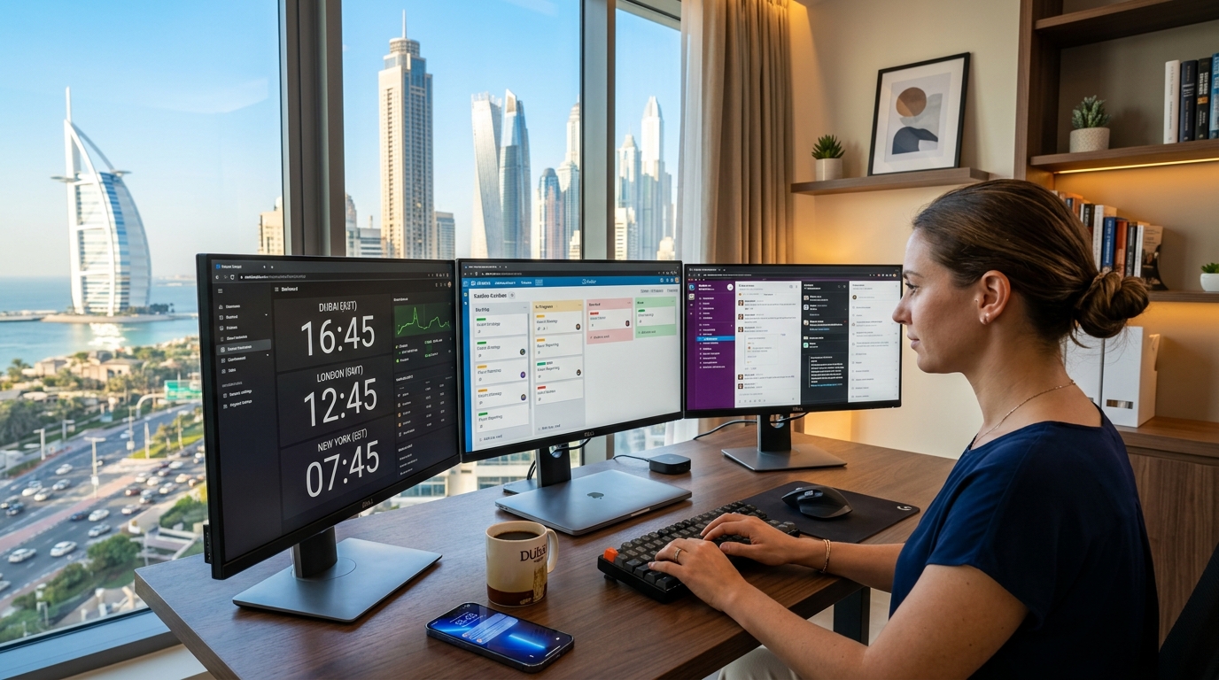 Professional working in a home office in Dubai with international clocks on the wall
