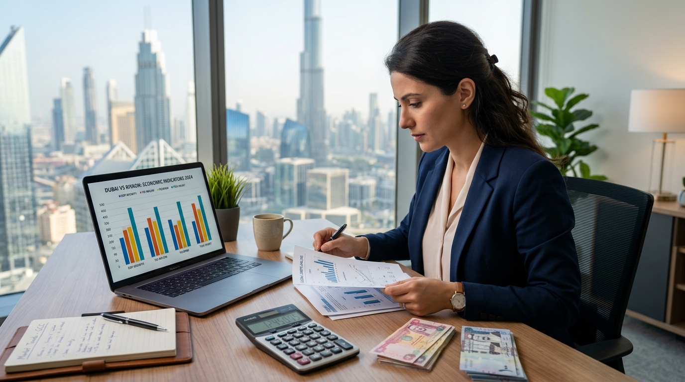 Financial calculation concept comparing UAE Dirhams to Saudi Riyals