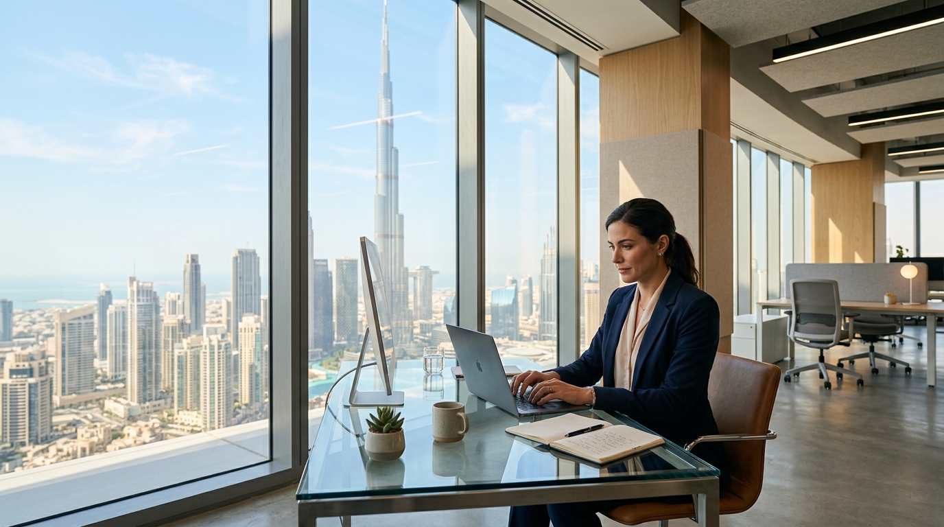 A quiet but modern Dubai office during the summer months with a professional working at a desk.