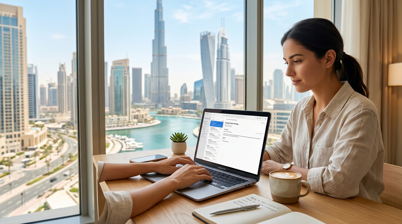 A clean, minimalist email inbox on a laptop screen with a coffee cup next to it, overlooking a sunny Dubai skyline.