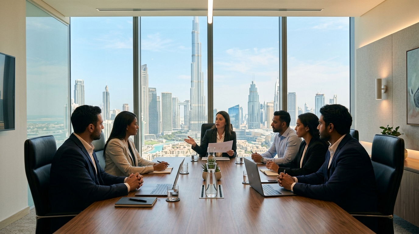 Executive boardroom in Dubai overlooking the city skyline