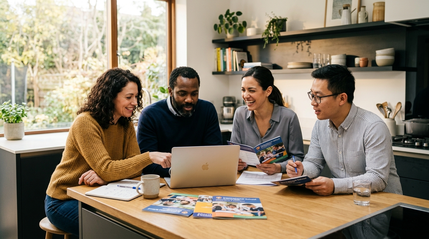 Expat family discussing finances in a modern Dubai apartment