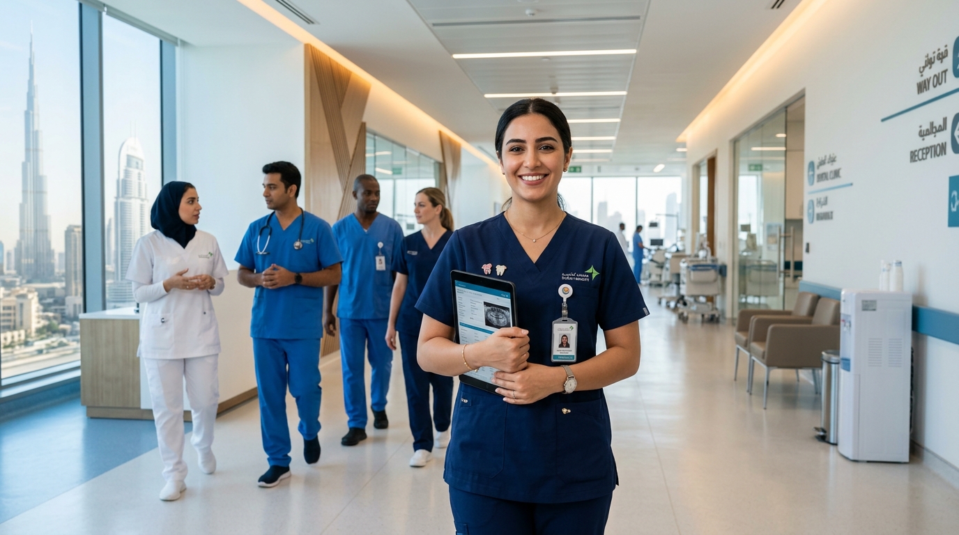 A professional medical team discussing patient care in a modern Dubai clinic.