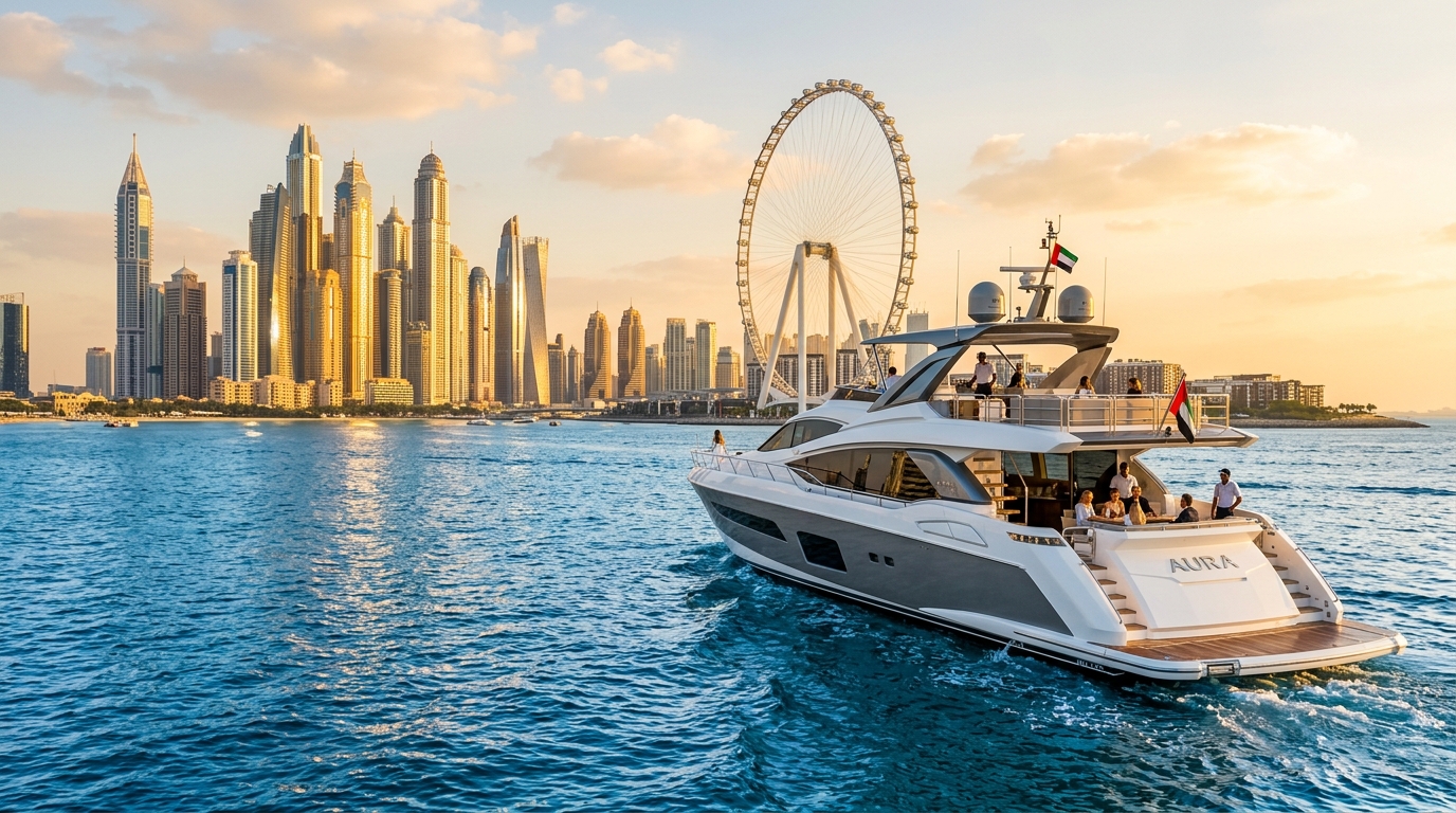 Luxury superyacht docked in Dubai Harbour with the city skyline in the background