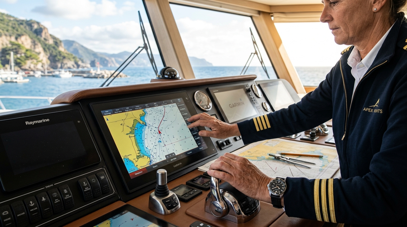 Close up of a boat captain navigating a luxury yacht using digital displays