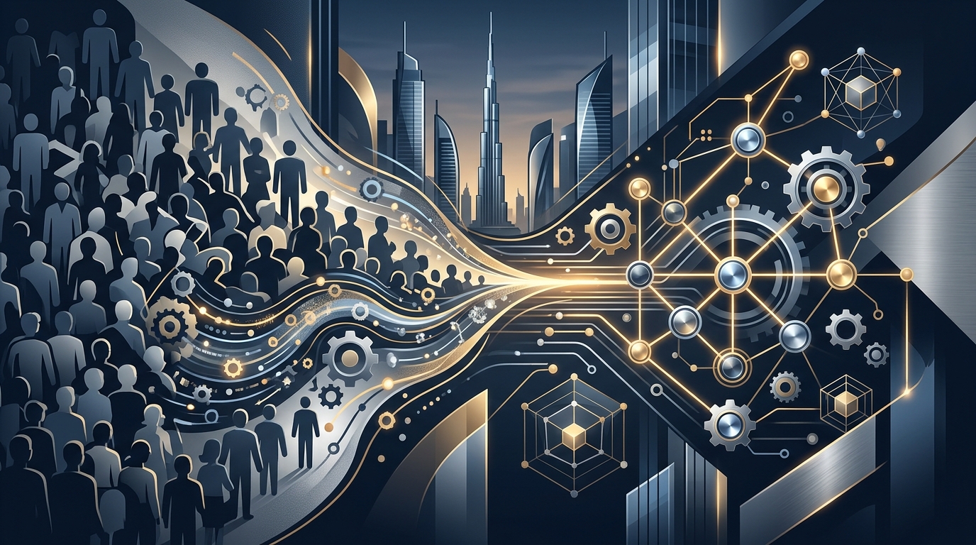 Abstract representation of modern corporate systems replacing large teams in Dubai