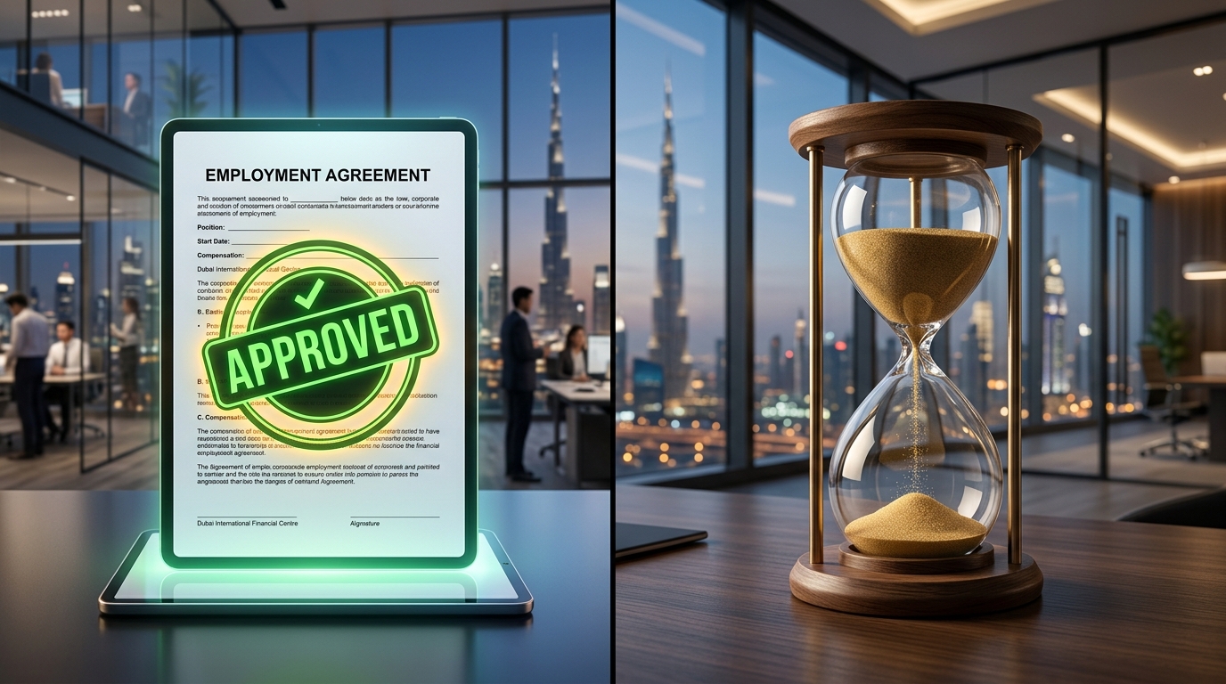 Split screen image showing an approved contract on one side and a frozen hourglass on the other.