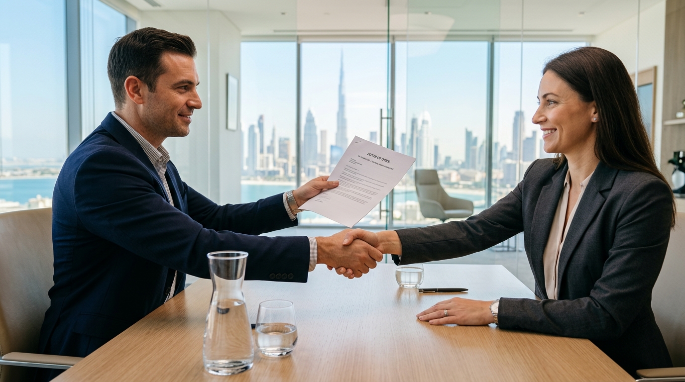 Professional handshake accepting a job offer in Dubai