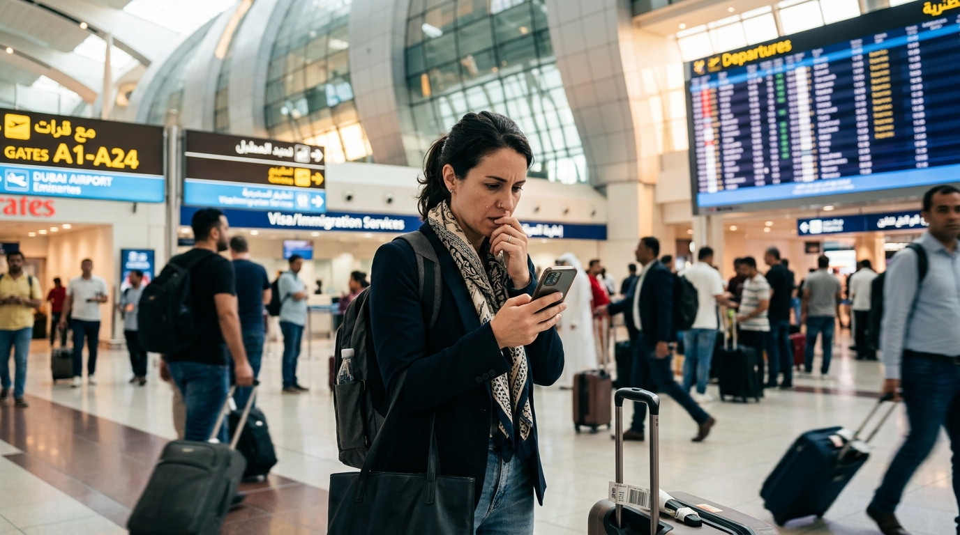 Stressed job seeker at a Dubai airport planning a visa run