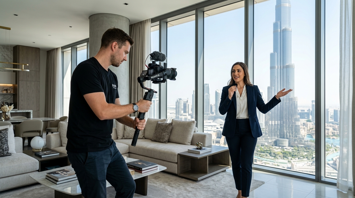 Real estate videographer filming a luxury apartment in Dubai