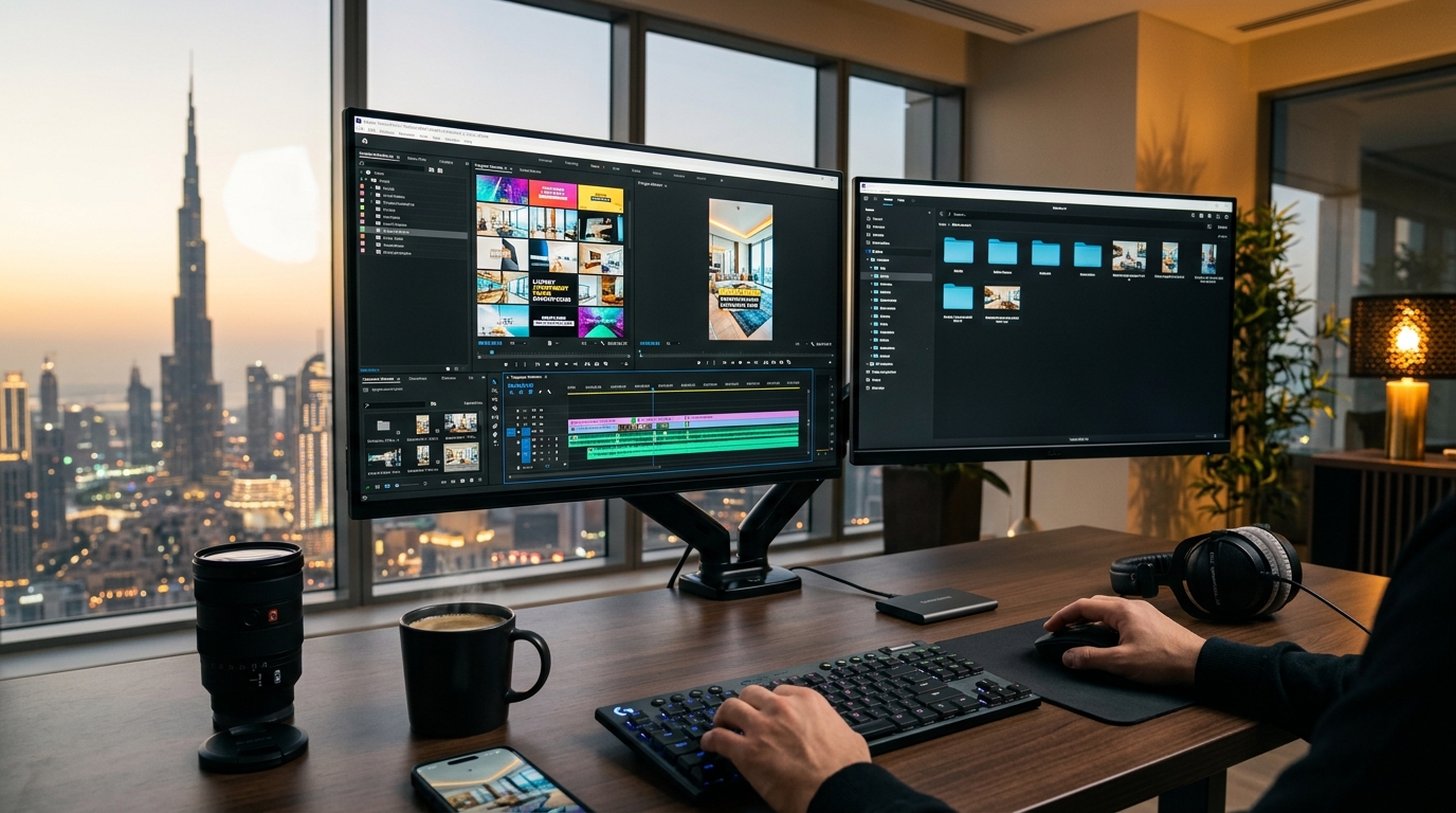 A modern video editing workspace with a real estate timeline on screen
